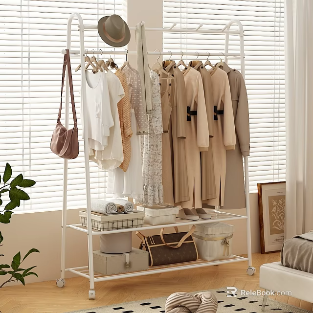 Stylish Hanging Clothes On White Rack With Beige Dresses Coats Bow Details In Bright Room 3d model 