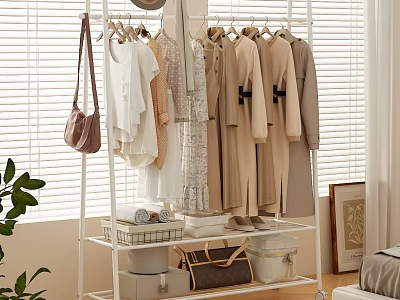 Stylish Hanging Clothes On White Rack With Beige Dresses Coats Bow Details In Bright Room 3d model