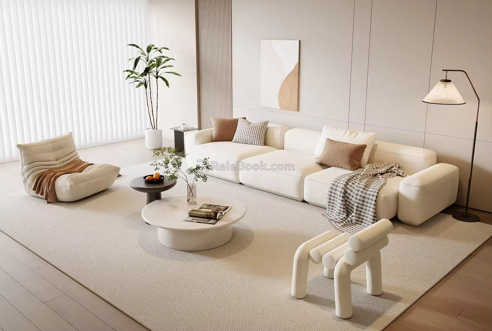 Sofa Coffee Table Set Lazy Sofa Single Chair Potted Hanging Picture Floor Lamp 3d model