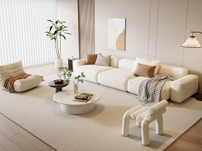 Modern White Sofa And Round Coffee Table Set With Pillows Throw Blanket In Living Room 3d model