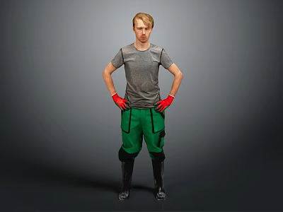 A Man Standing in Gray T-shirt Green Pants Red Gloves Black Boots on Gray Background 3d model
