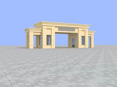 Elegant Beige Entrance Gate with Classical Columns Portico Design on Gray Brick Pavement 3d model