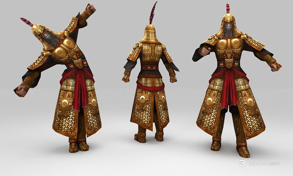 Historical Warrior In Ornate Golden Armor With Red Accents And Three Views 3d model 