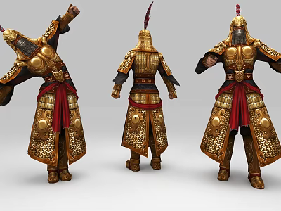Historical Warrior In Ornate Golden Armor With Red Accents And Three Views 3d model