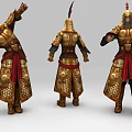 Historical Warrior In Ornate Golden Armor With Red Accents And Three Views