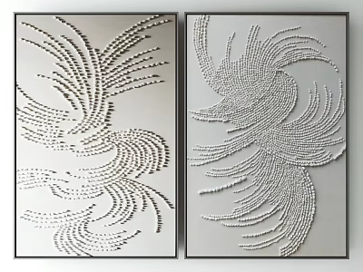 Two Modern Decorative Paintings With Feather Like Design And Black Frames 3d model