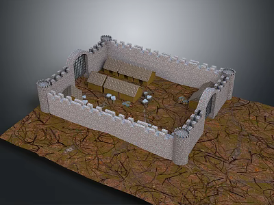 Ancient Stone Fortress Model With Enclosed Walls And Wooden Benches On Cracked Earth 3d model