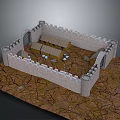Ancient Stone Fortress Model With Enclosed Walls And Wooden Benches On Cracked Earth