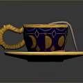 Ornate Blue And Gold Teacup With Saucer Moon Star Patterns Twisted Handle And Teabag
