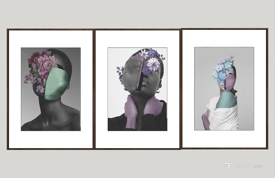 Three Abstract Portrait Paintings with Flowers and Geometric Shapes Purple Green Blue Accents 3d model 