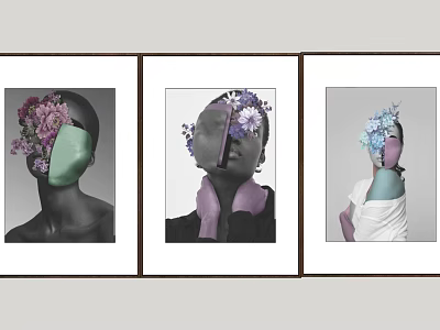 Three Abstract Portrait Paintings with Flowers and Geometric Shapes Purple Green Blue Accents 3d model