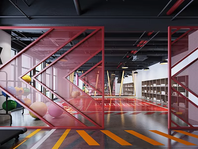 Fitness Gym Interior With Red Mesh Partitions Colorful Exercise Balls And Yellow Striped Floor 3d model