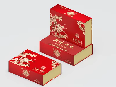 Red Decorative Ornament Set with Golden Dragon Patterns and Traditional Design 3d model