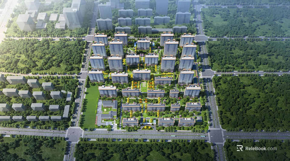 Aerial Planning of Modern Residential Complex with High Rise Buildings and Green Spaces 3d model 