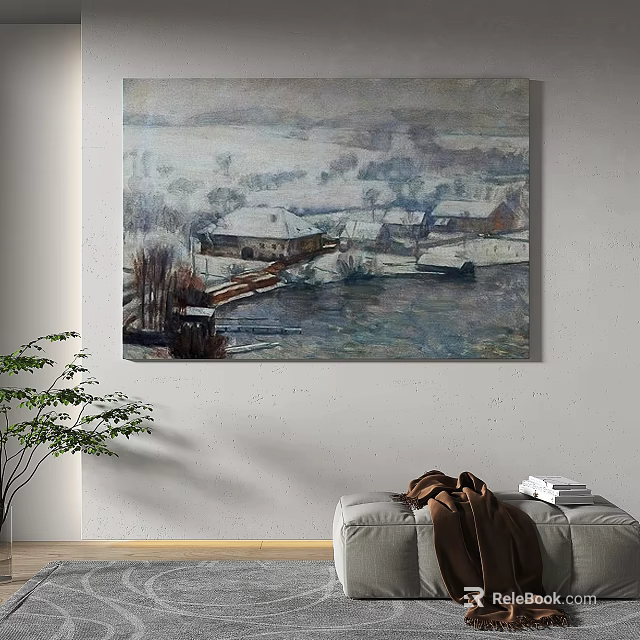 Abstract Painting Featuring Snowy Village Landscape With Houses Trees And River 3d model 