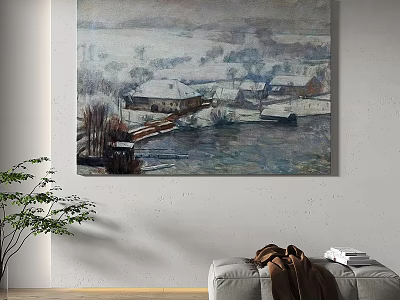 Abstract Painting Featuring Snowy Village Landscape With Houses Trees And River 3d model