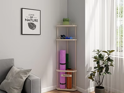 Multi tiered Corner Storage Shelf in Living Room with Green Plants and Organized Items 3d model
