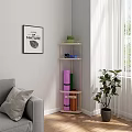 Multi tiered Corner Storage Shelf in Living Room with Green Plants and Organized Items