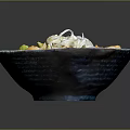 Delicious Mixed Chicken Vegetable Bowl With Onions In Blue Ceramic Dish
