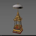 Traditional Golden Architectural Structure With White Umbrella Top Red Base And Intricate Decorative Details