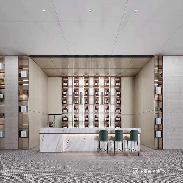 Modern Bar Interior Featuring Wine Shelves Marble Counter And Three Green Chairs 3d model 