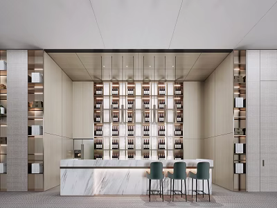 Modern Bar Interior Featuring Wine Shelves Marble Counter And Three Green Chairs 3d model