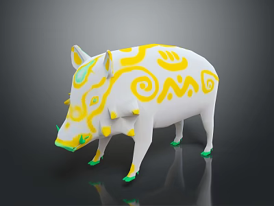 White Wild Boar 3D Model With Yellow Green Swirl Patterns On Body 3d model