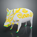 White Wild Boar 3D Model With Yellow Green Swirl Patterns On Body