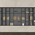 Modern Black Bookcase with Multiple Compartments Books Decorative Items Beige Wall and Wooden Floor