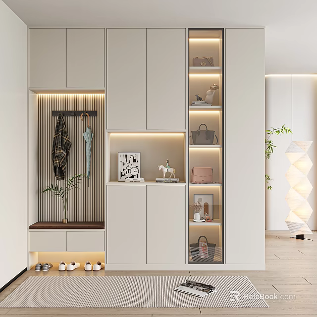 Modern Entryway Hallway Design With White Storage Cabinets Coat Hooks And Decorative Lighting 3d model 
