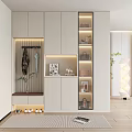 Modern Entryway Hallway Design With White Storage Cabinets Coat Hooks And Decorative Lighting