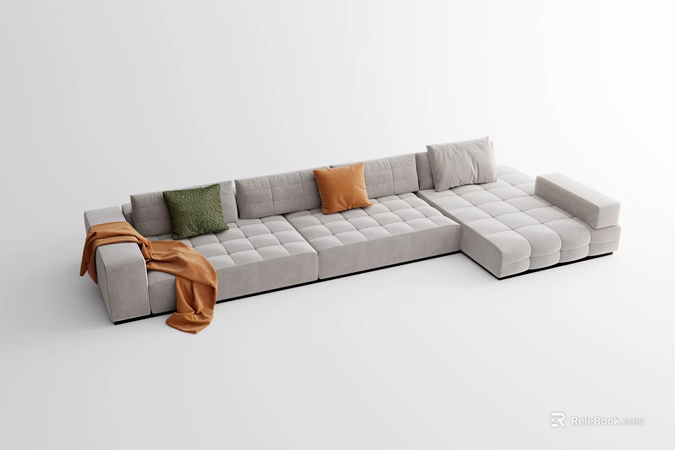 Gray Sectional Sofa With Green Orange Pillows And Orange Throw Blanket 3d model