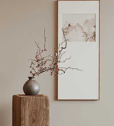 Chinese Landscape Painting In Minimalist Interior With Vase 3d model