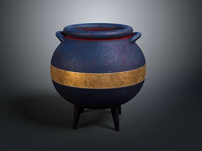 Decorative Blue Ceramic Pot With Gold Stripe Black Legs And Two Handles 3d model