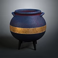 Decorative Blue Ceramic Pot With Gold Stripe Black Legs And Two Handles