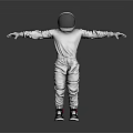 Man in Silver Spacesuit with Black Helmet Standing Arms Outstretched on Plain Background