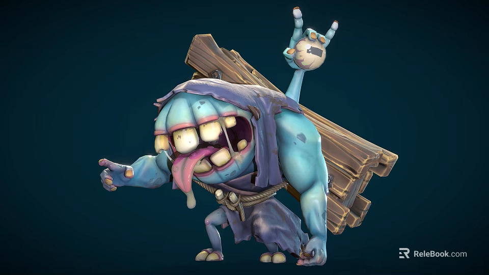 Cartoon Blue Monster Creature Carrying Wooden Plank With Exaggerated Teeth And Sticking Tongue 3d model 