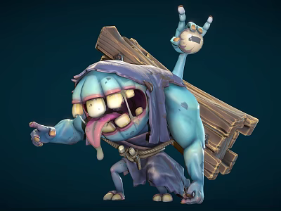 Cartoon Blue Monster Creature Carrying Wooden Plank With Exaggerated Teeth And Sticking Tongue 3d model