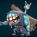 Cartoon Blue Monster Creature Carrying Wooden Plank With Exaggerated Teeth And Sticking Tongue