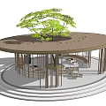 Round Roof Pergola with Central Large Tree Tables Chairs and Wooden Pillars