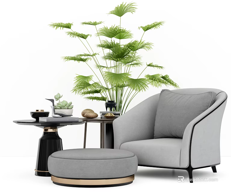 Modern Gray Single Sofa with Round Ottoman Side Table and Green Plant Decorative Items 3d model