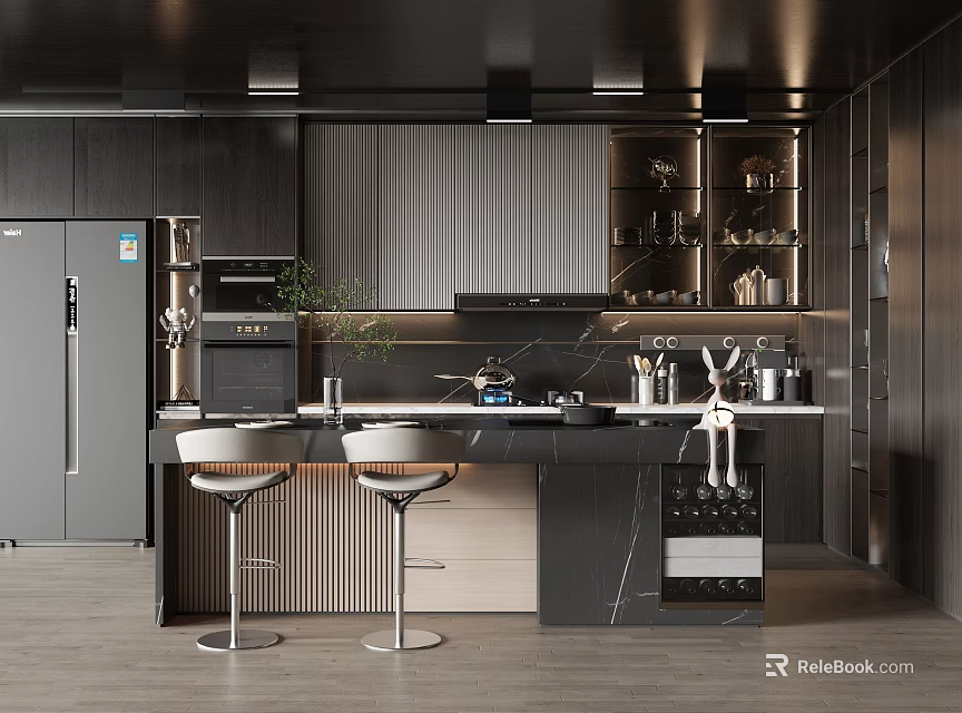Modern Kitchen Interior With Dark Cabinets Island Counter Appliances And Bar Stools 3d model 