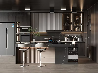 Modern Kitchen Interior With Dark Cabinets Island Counter Appliances And Bar Stools 3d model