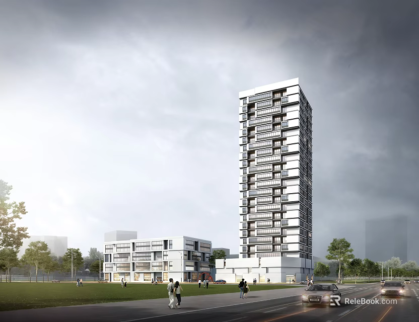 Modern Office Building With Tall And Low Rise Structures Green Lawn Road Vehicles And Pedestrians 3d model 