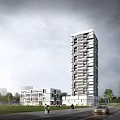 Modern Office Building With Tall And Low Rise Structures Green Lawn Road Vehicles And Pedestrians
