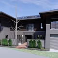 Modern Two Story Sales Office Building With Pool Lounge Chairs And Greenery