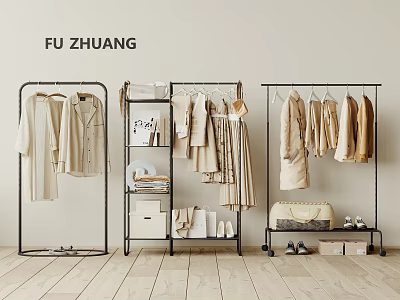 Fashionable Beige Clothes On Black Clothing Racks With Various Styles And Accessories 3d model