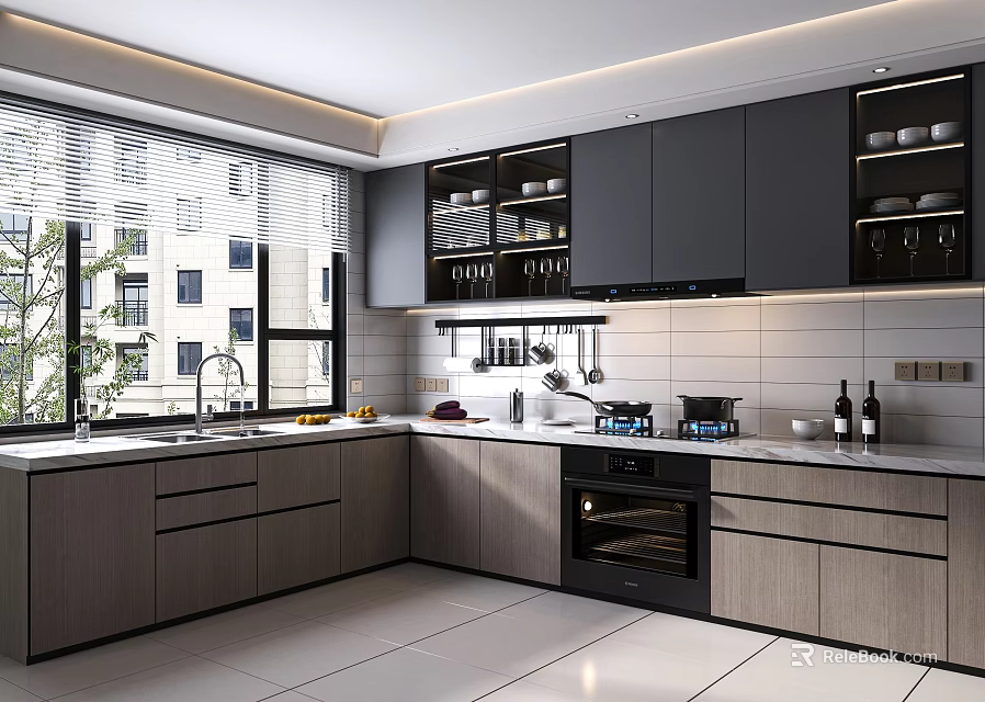 Modern Kitchen Interior With Gray Cabinets Window Countertop Oven And Appliances 3d model 