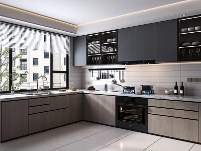 Modern Kitchen Interior With Gray Cabinets Window Countertop Oven And Appliances 3d model