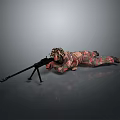 Game and Movie Character Lying Prone With Sniper Rifle Tripod In Camouflage Uniform